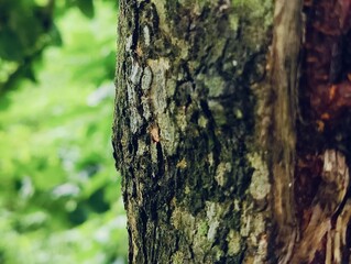 Close-Up of Tree Trunk with nature elements and Detailed Bark Texture