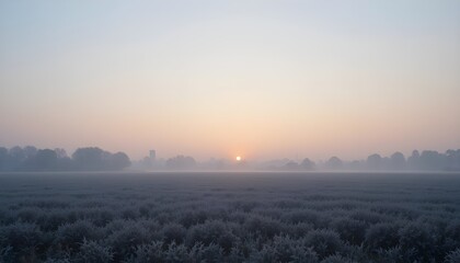 Fototapeta premium Pastel Sunrise Over Frosted Meadow and Distant Buildings