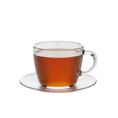 Photorealistic clear borosilicate glass teacup with warm amber beverage & wisp of steam on glossy white studio surface, transparent blurred background, soft lighting, elegant reflections, concept of