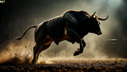 Dramatic silhouette of a bull mid-leap in a dusty rodeo arena, full of power.