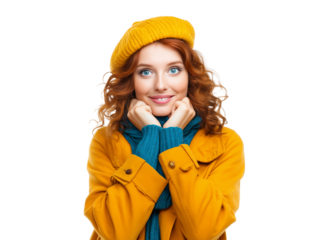 Stylish red-haired woman in yellow coat and beret smiling on white background