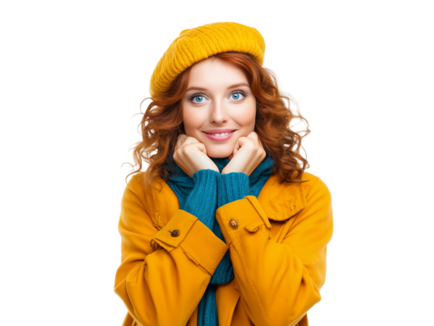 Stylish red-haired woman in yellow coat and beret smiling on white background