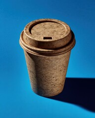 Eco-Friendly Wooden Coffee Cup on Vibrant Blue Background with Artistic Shadow Play