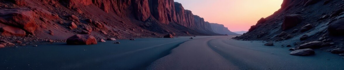 Fine volcanic black sand stretches towards a rugged, dark red rock formation, desert, black sand