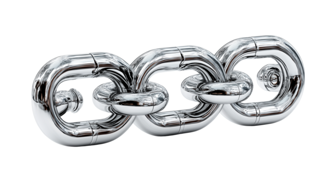 Shiny chrome metal chain links. Strong connection and unity concept.  Isolated on transparent background, png