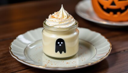 Halloween dessert in spooky jar with vanilla mousse and ghost design, on pale ceramic plate, food photography style clear composition high resolution