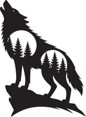 Obraz premium Majestic howling wolf silhouette art with forest landscapes