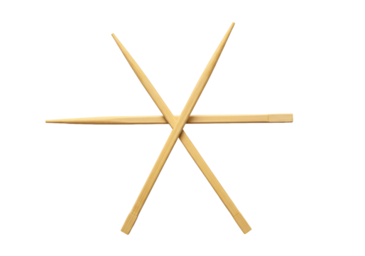 Two identical, polished light bamboo chopsticks, delicately crossed in an 'x' on a transparent matte surface with ample negative space and soft studio lighting. Concept of sustainable choices - Powered by Adobe
