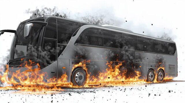 Large black tour bus engulfed in intense flames and thick smoke with fire spreading along vehicle sides and wheels creating dramatic emergency disaster scene in transportation tour bus fire incident
