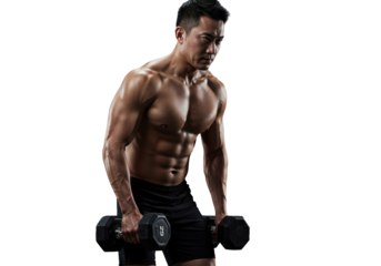 Muscular man, late 20s-mid 30s, shirtless, black athletic shorts, intensely training with a dumbbell in a modern fitness studio with a smooth gray gradient background. Concept of self-improvement and