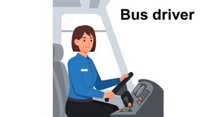Professional female bus driver in uniform operating a public transport vehicle. Vector illustration of a woman at work in the transportation industry.