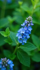Cluster of tiny blue flowers on lush green foliage, flower cluster, blue flowers, plant growth