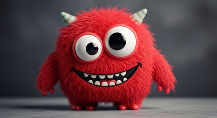 Red fuzzy cute monster with big eyes and horns standing on a concrete floor. Halloween party mascot for kids design.