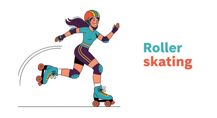 Fototapeta premium Active woman in helmet and pads roller skating fast. Isolated flat vector graphic character for sport and recreation concepts.