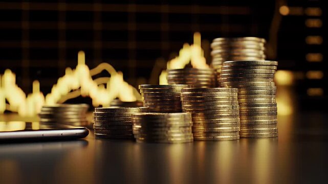 Golden Coins Stacked on a Black Table with Financial Chart Backdrop and Mobile Phone in Golden Light