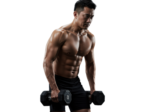 Muscular man, late 20s-mid 30s, shirtless, black athletic shorts, intensely training with a dumbbell in a modern fitness studio with a smooth gray gradient background. Concept of self-improvement and
