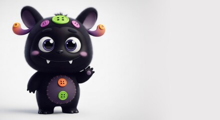 Naklejka premium Cute black monster with colorful buttons, waving its hand, standing on a plain white background for Halloween and monster party.