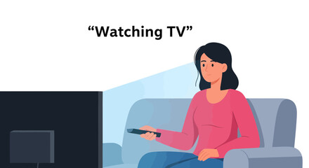 Flat vector illustration of a woman relaxing on a couch, watching television and changing channels with a remote. Modern home lifestyle concept.