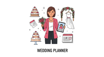 Wedding planner character illustration with event organization elements like cake, dress, and calendar. Concept of marriage ceremony preparation.