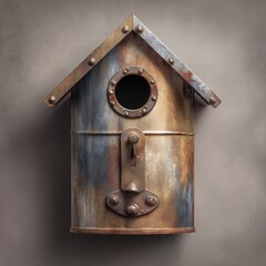 Vintage Metal Birdhouse with Rusty Patina and Riveted Details Against Neutral Wall Background