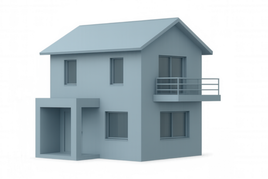 Modern two-story house rendering, featuring sleek balcony design, transparent backdrop highlighting architectural details