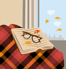 Cozy autumn scene with open book, glasses, and colorful falling leaves next to a window. Flat vector illustration for comfort, reading, and season design