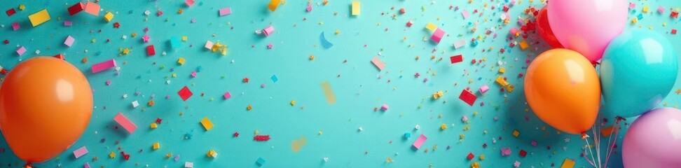 Vibrant balloons & confetti burst against a turquoise backdrop , design, festive background