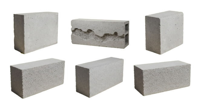 A collection of various concrete building blocks, including cinder and interlocking bricks, for masonry and construction isolated on white.