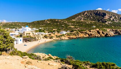 Obraz premium Panoramic view of a Mediterranean beach village.