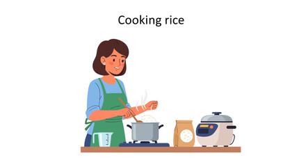 Illustration of a woman cooking rice in a pot with a rice cooker nearby