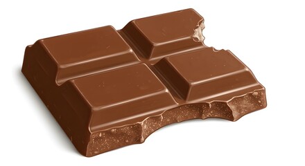 A piece of a milk chocolate bar with four squares and bite marks, isolated on a white background.