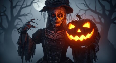 Spooky Witch Holds Glowing Jackolantern in Haunted Forest
