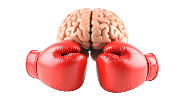 A realistic human brain model faces a red boxing glove, representing concepts of mental health challenges, cognitive stress, or intellectual conflict isolated on solid white background Png