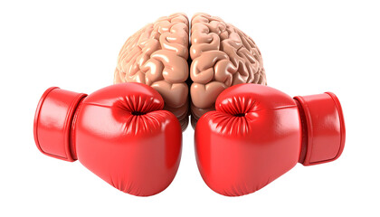 A realistic human brain model faces a red boxing glove, representing concepts of mental health challenges, cognitive stress, or intellectual conflict isolated on solid white background