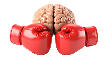 A realistic human brain model faces a red boxing glove, representing concepts of mental health challenges, cognitive stress, or intellectual conflict isolated on solid white background