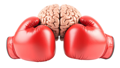 A realistic human brain model faces a red boxing glove, representing concepts of mental health challenges, cognitive stress, or intellectual conflict isolated on solid white background Png form