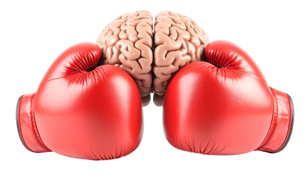 A realistic human brain model faces a red boxing glove, representing concepts of mental health challenges, cognitive stress, or intellectual conflict isolated on solid white background Png form