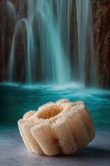 Natural Luffa Sponge in Front of Cascading Waterfall with Turquoise Pool Background