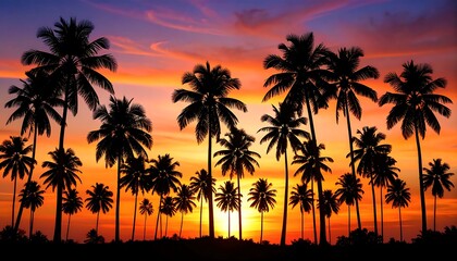 Obraz premium Vibrant sunset silhouettes of numerous palm trees
