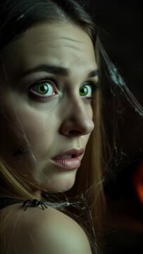 Close-up of spooky woman with green glowing eyes, spider on face, cobwebs in hair, and glowing jack o lantern in background, perfect Halloween horror concept
