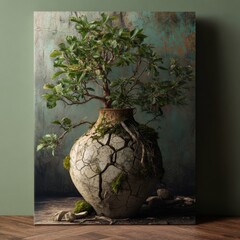 Cracked Ceramic Vase with Lush Bonsai Tree and Moss Against Textured Blue-Green Wall