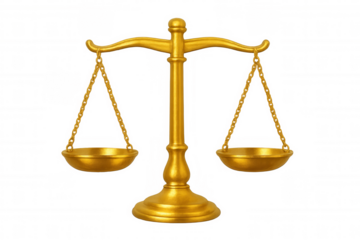 Golden scale balancing on transparent background, representing justice, law, and equality in legal system