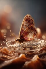 Close-Up of Vibrant Moth on Water Droplet with Warm Bokeh Background and Intricate Wing Details