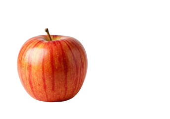 Perfectly formed, ripe Gala or Honeycrisp apple with vibrant red and yellow stripes and brown stem, on a clean, minimalist studio white background, conveying natural goodness. Concept of pure