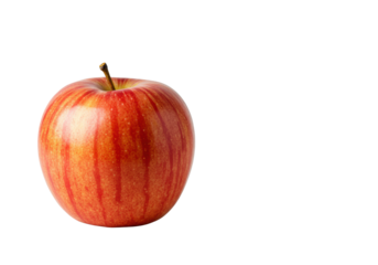 Perfectly formed, ripe Gala or Honeycrisp apple with vibrant red and yellow stripes and brown stem, on a clean, minimalist studio white background, conveying natural goodness. Concept of pure