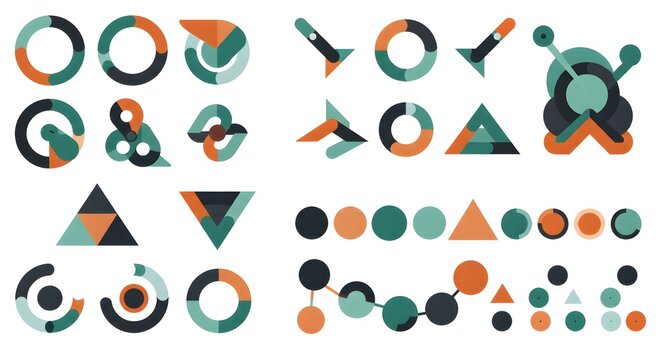 Abstract Geometric Shapes and Data Visualization Elements in Teal, Orange, and Black