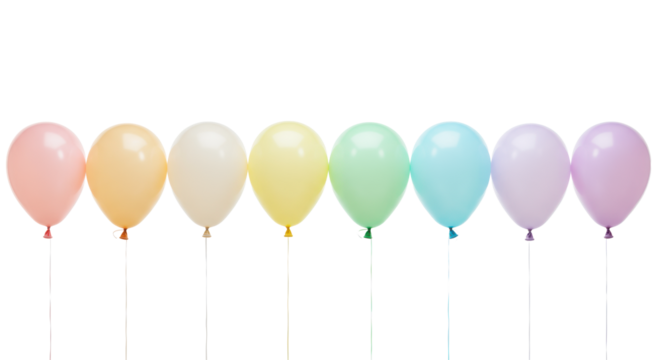 Seven blush pink, soft peach, pale cream, butter yellow, mint green, sky blue, lavender pastel helium balloons floating in a row on a transparent studio background. Concept of gentle progression