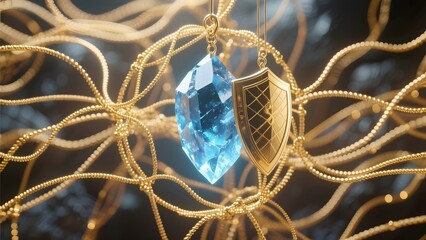 Naklejka premium Elegant Gold Ornament with Blue Crystal and Shield Pendant