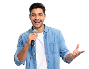 Young Man Singing Karaoke Holding Microphone, Front View, Isolated PNG