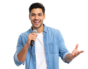 Young Man Singing Karaoke Holding Microphone, Front View, Isolated PNG